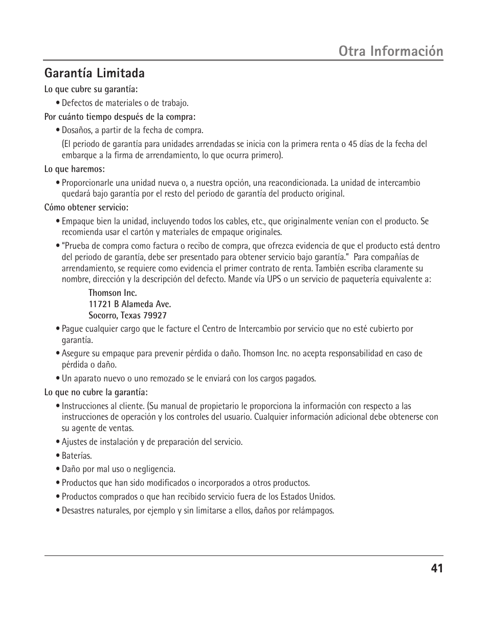 Otra información, Garantía limitada | RCA 25205 User Manual | Page 42 / 96