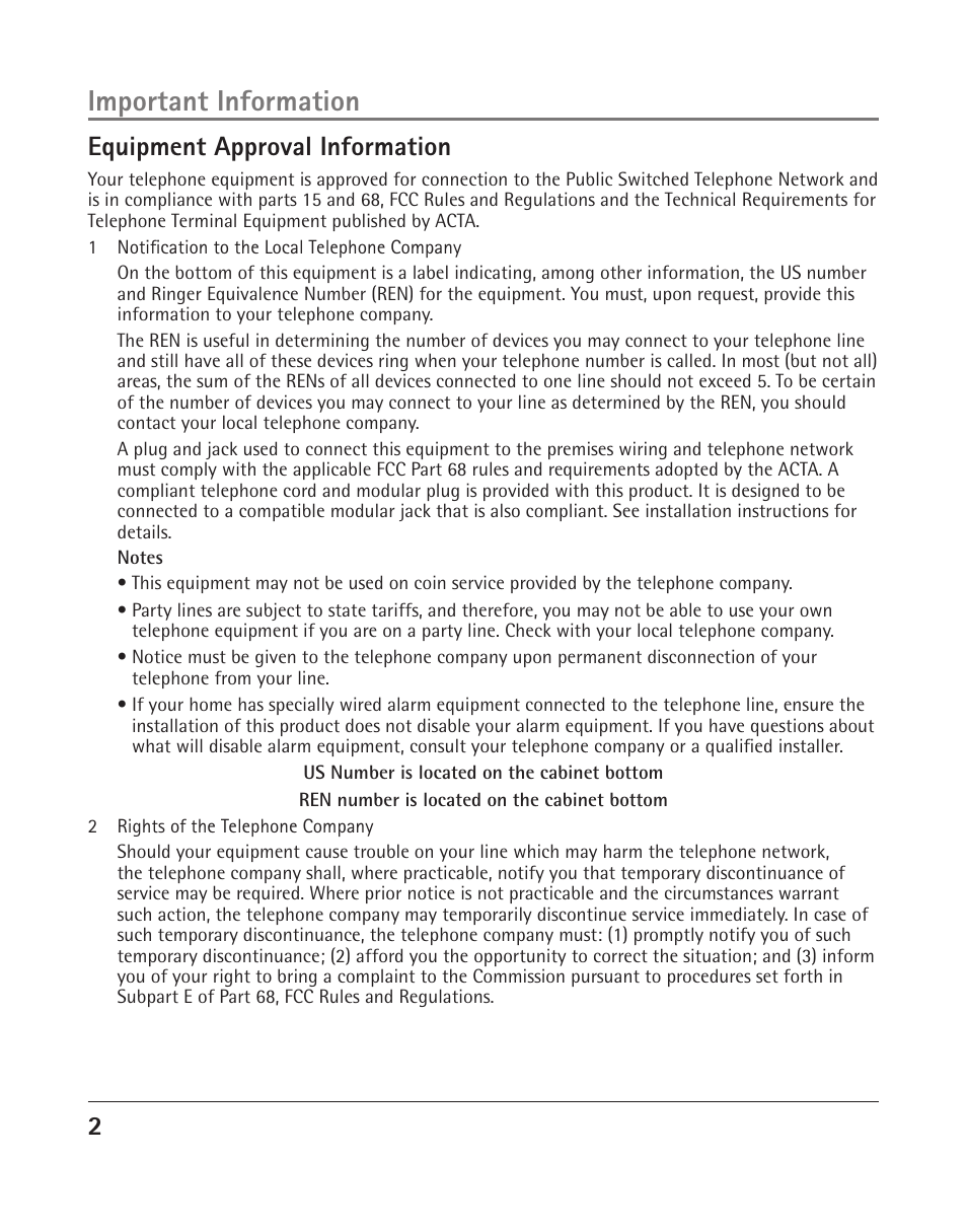 Important information, 2equipment approval information | RCA 25205 User Manual | Page 50 / 96