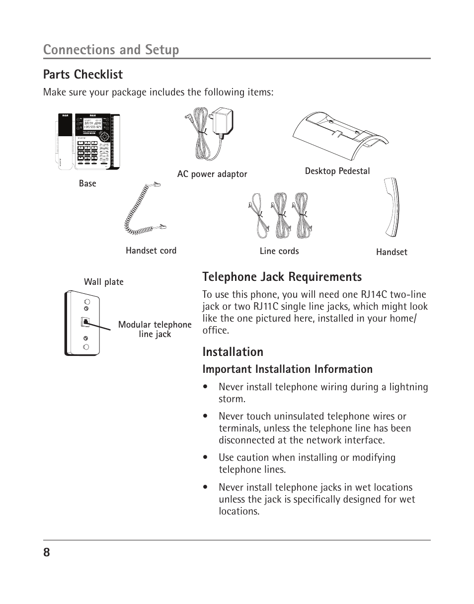 Connections and setup, Parts checklist, Telephone jack requirements | Installation | RCA 25205 User Manual | Page 56 / 96