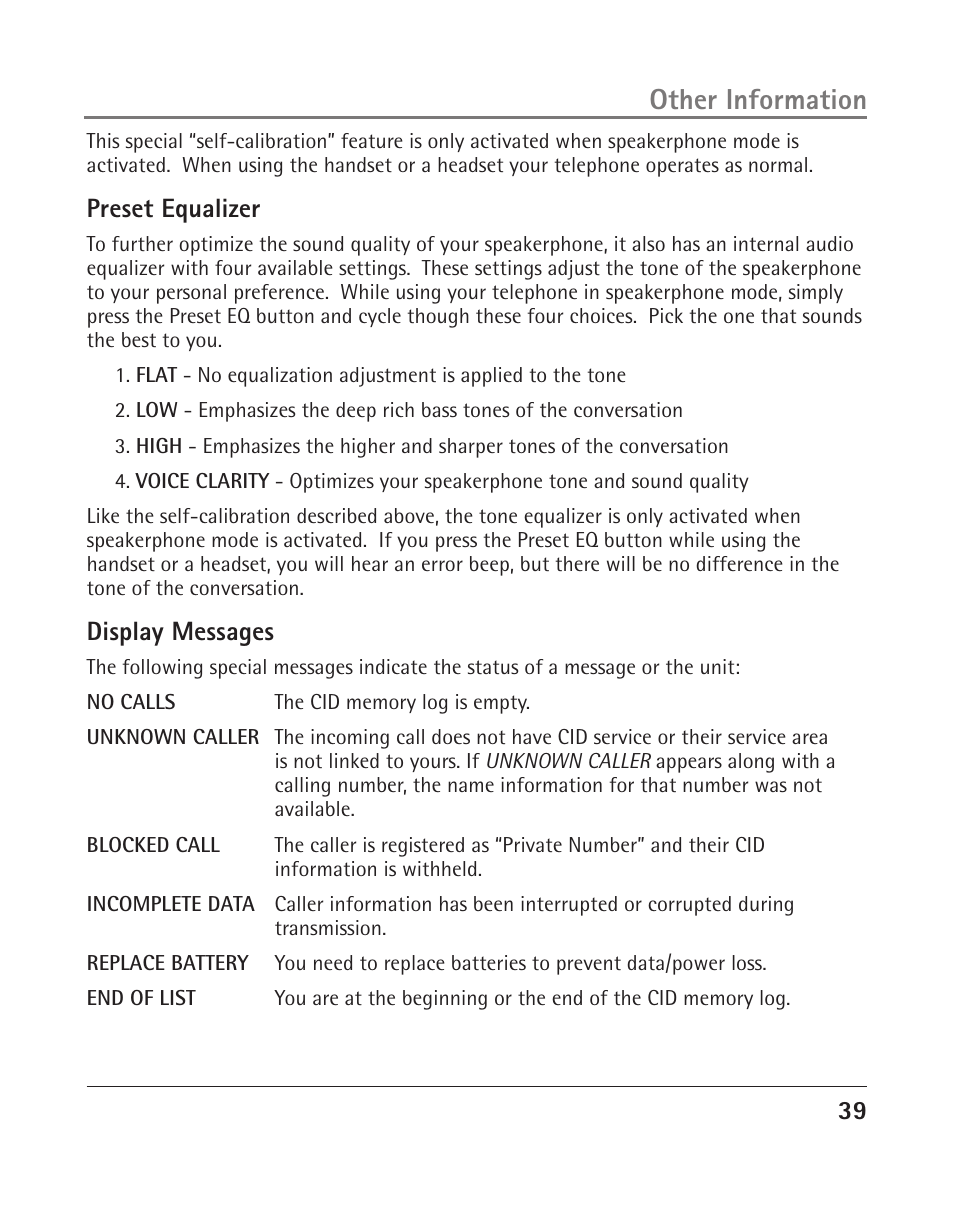 Other information, Preset equalizer, Display messages | RCA 25205 User Manual | Page 87 / 96