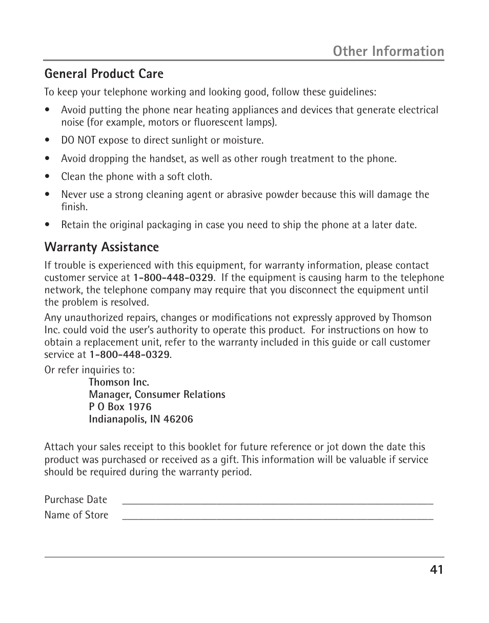 Other information, 1 general product care, Warranty assistance | RCA 25205 User Manual | Page 89 / 96