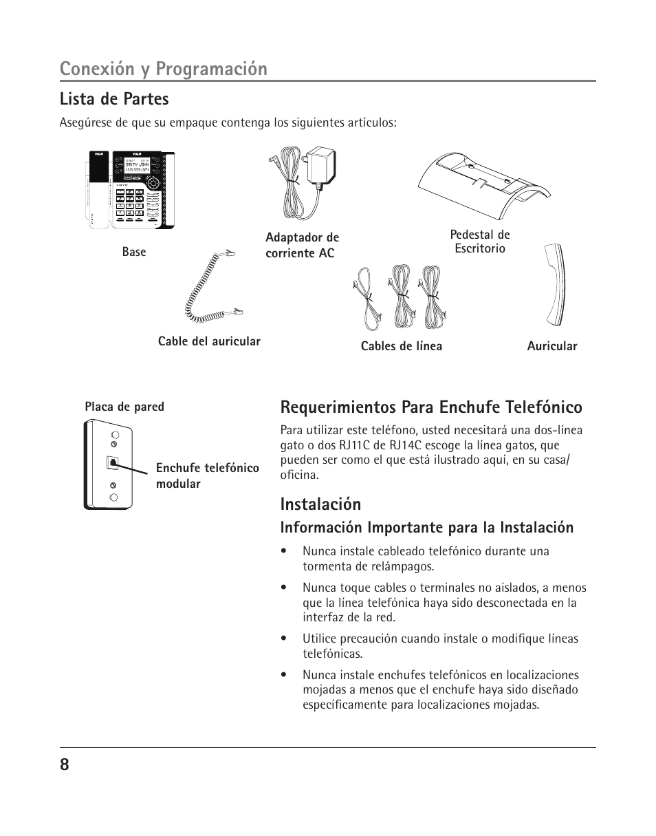 Conexión y programación, Lista de partes, Requerimientos para enchufe telefónico | Instalación, Información importante para la instalación | RCA 25205 User Manual | Page 9 / 96