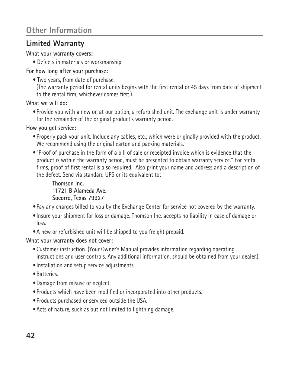 Other information, Limited warranty | RCA 25205 User Manual | Page 90 / 96