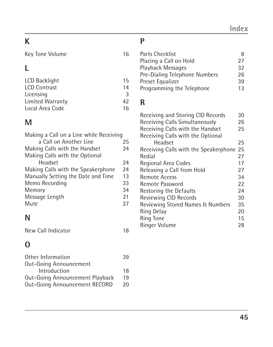 Index k | RCA 25205 User Manual | Page 93 / 96