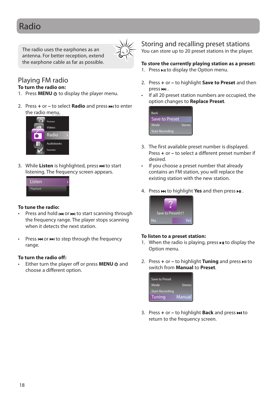 Radio, Playing fm radio, Storing and recalling preset stations | RCA SLC5004 User Manual | Page 18 / 87