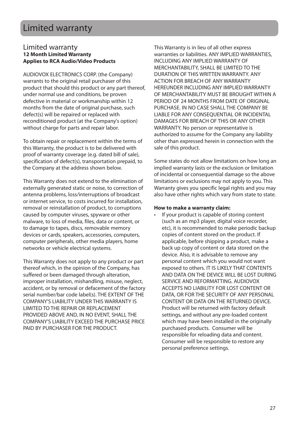 Limited warranty | RCA SLC5004 User Manual | Page 27 / 87