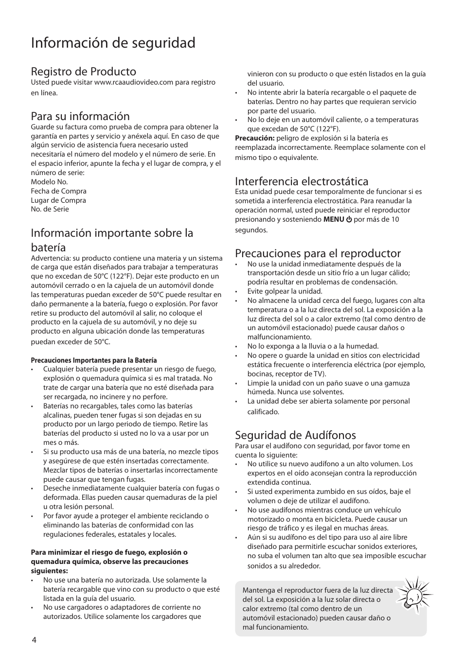 Registro de producto, Para su información, Información importante sobre la batería | Interferencia electrostática, Precauciones para el reproductor, Seguridad de audífonos, Información de seguridad | RCA SLC5004 User Manual | Page 33 / 87