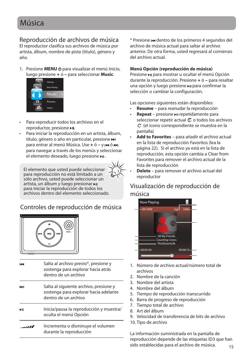 Música, Reproducción de archivos de música, Controles de reproducción de música | Visualización de reproducción de música | RCA SLC5004 User Manual | Page 44 / 87