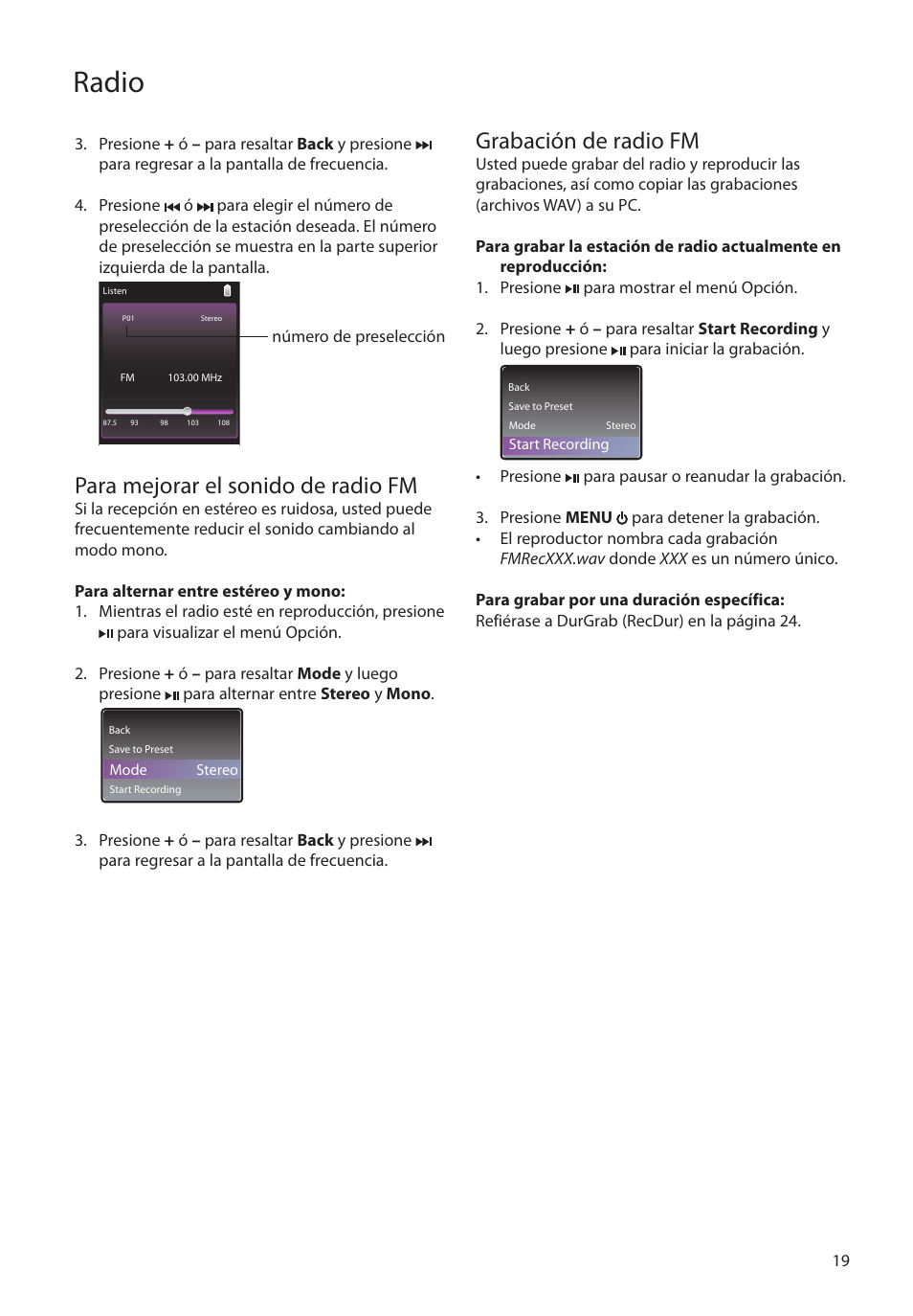 Para mejorar el sonido de radio fm, Grabación de radio fm, Radio | RCA SLC5004 User Manual | Page 48 / 87