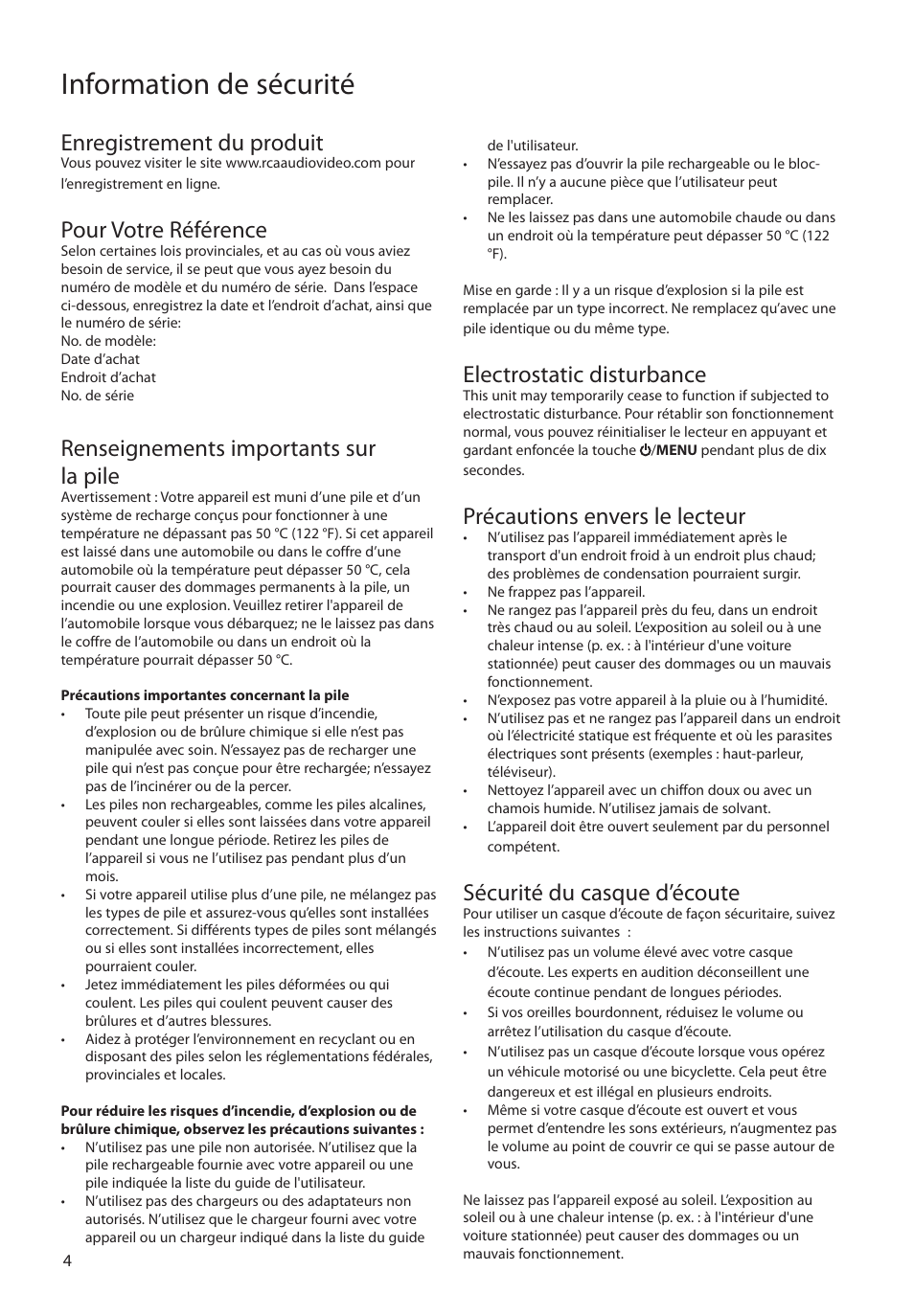 Enregistrement du produit, Pour votre référence, Renseignements importants sur la pile | Electrostatic disturbance, Précautions envers le lecteur, Sécurité du casque d’écoute, Information de sécurité | RCA SLC5004 User Manual | Page 62 / 87