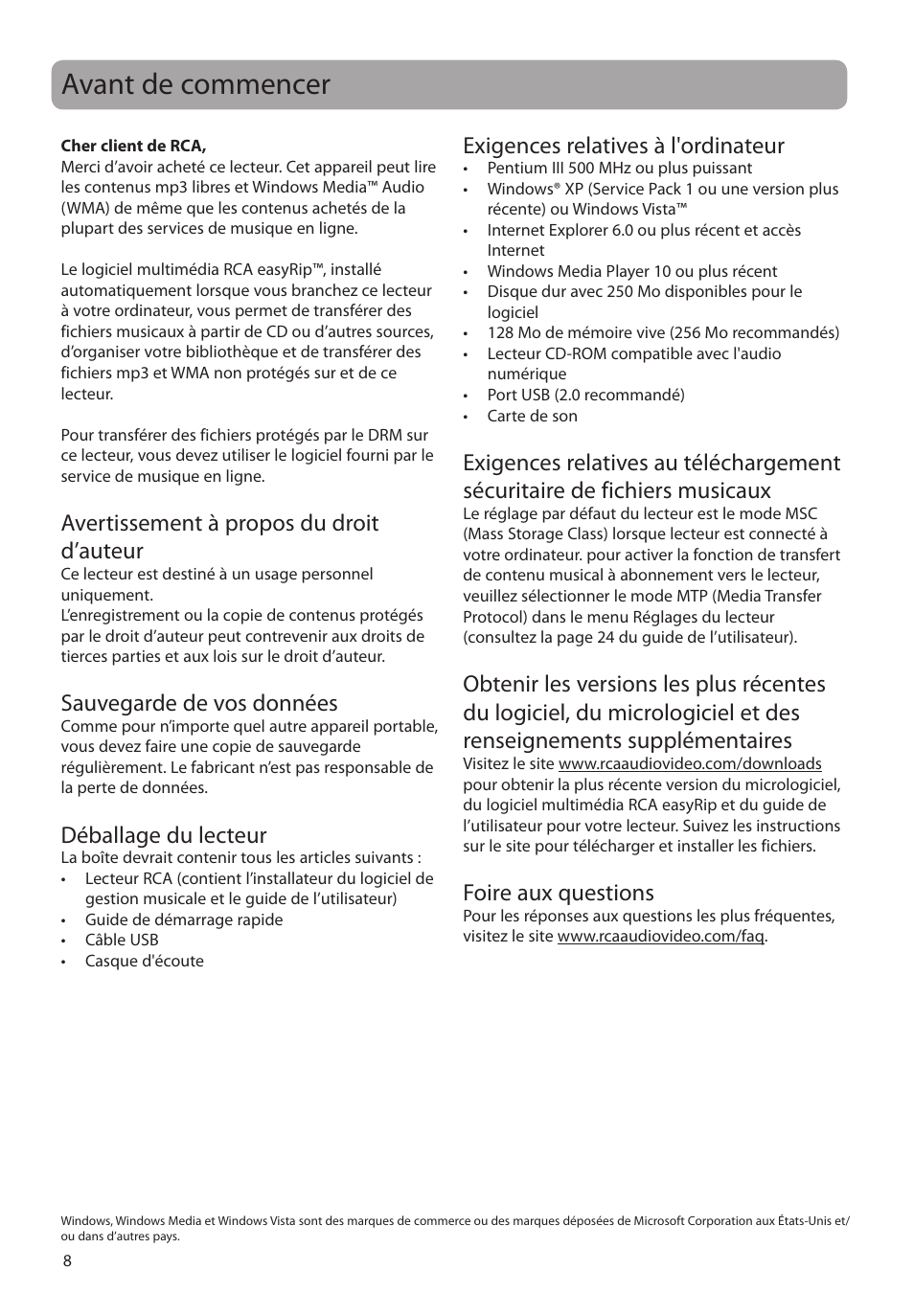 Avant de commencer, Avertissement à propos du droit d’auteur, Sauvegarde de vos données | Déballage du lecteur, Exigences relatives à l'ordinateur, Foire aux questions | RCA SLC5004 User Manual | Page 66 / 87