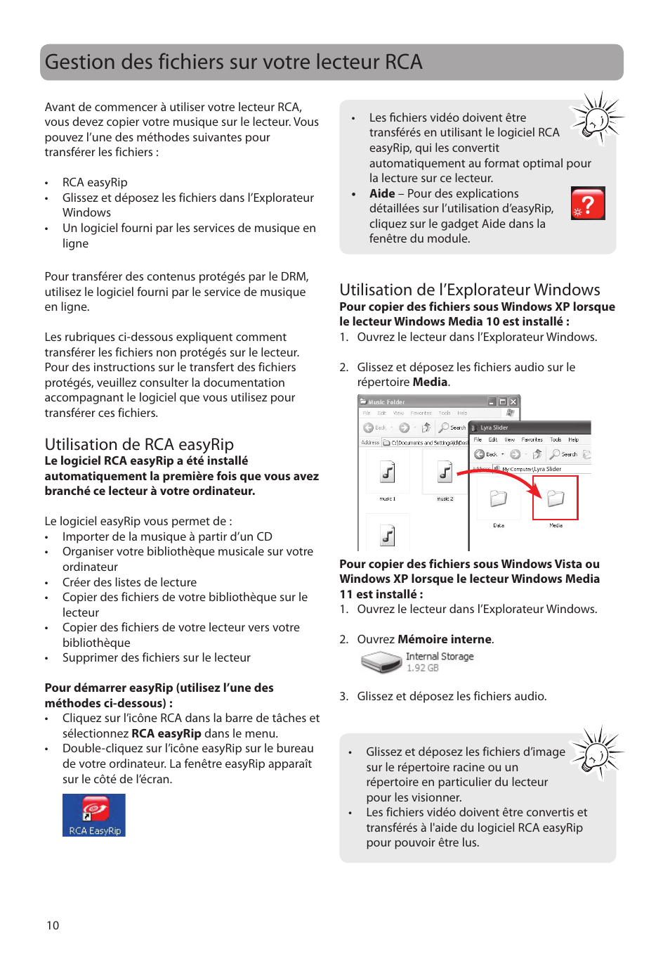 Gestion des fichiers sur votre lecteur rca, Utilisation de rca easyrip, Utilisation de l’explorateur windows | RCA SLC5004 User Manual | Page 68 / 87