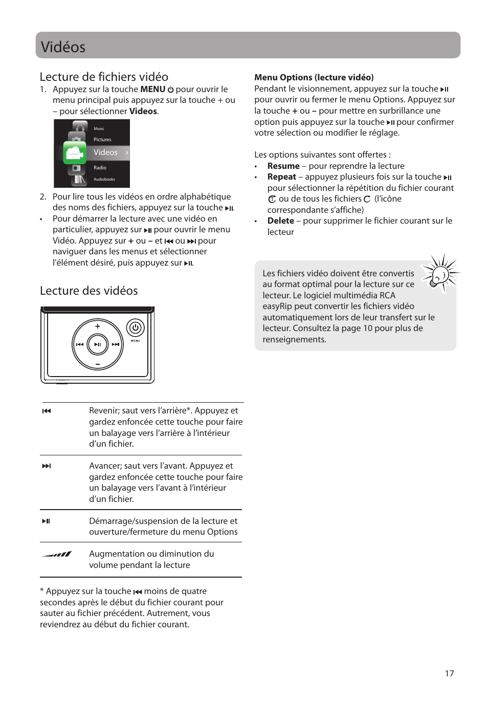 Vidéos, Lecture de fichiers vidéo, Lecture des vidéos | RCA SLC5004 User Manual | Page 75 / 87