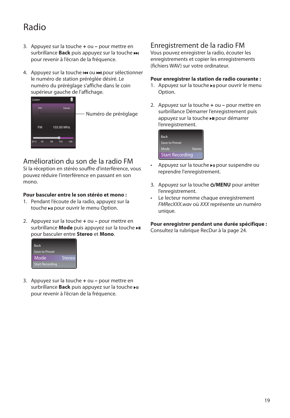 Amélioration du son de la radio fm, Enregistrement de la radio fm, Radio | RCA SLC5004 User Manual | Page 77 / 87