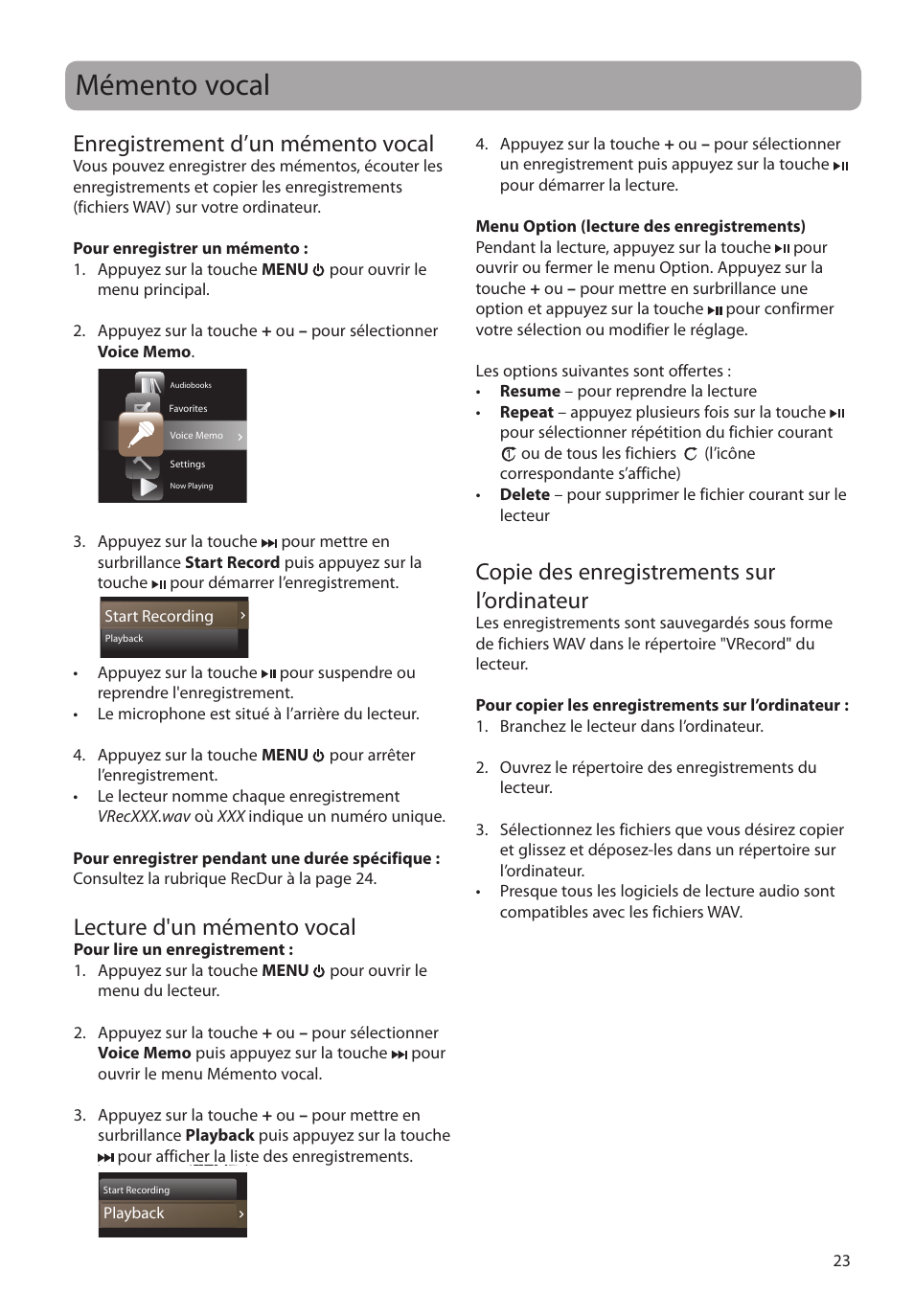 Mémento vocal, Enregistrement d’un mémento vocal, Lecture d'un mémento vocal | Copie des enregistrements sur l’ordinateur | RCA SLC5004 User Manual | Page 81 / 87