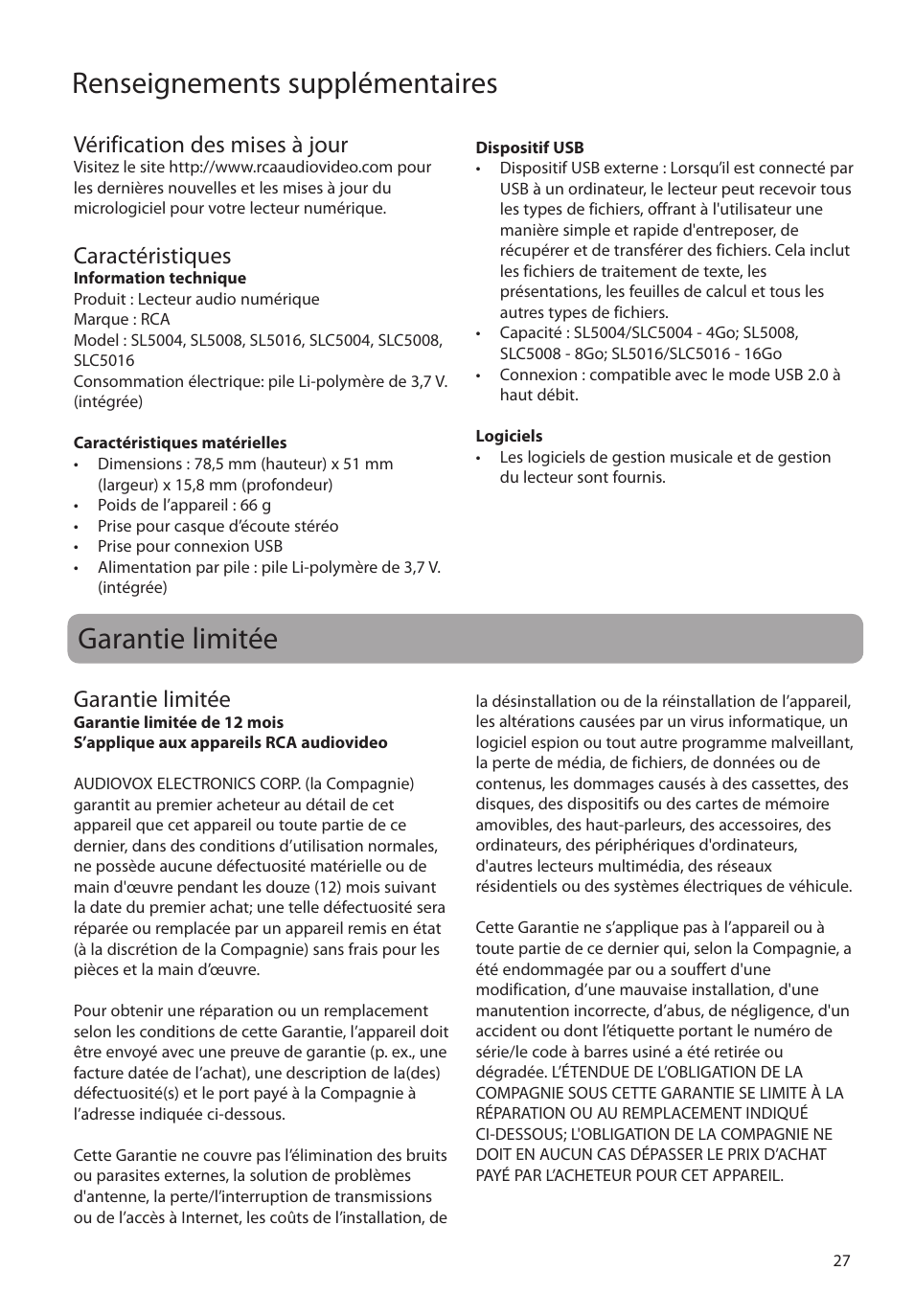 Vérification des mises à jour, Caractéristiques, Garantie limitée | Renseignements supplémentaires | RCA SLC5004 User Manual | Page 85 / 87