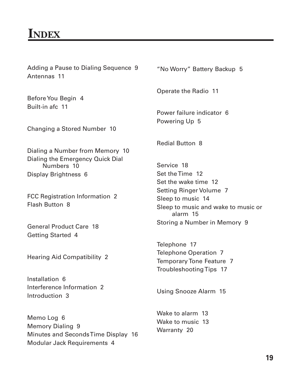 Ndex | RCA 2-9291 User Manual | Page 19 / 20