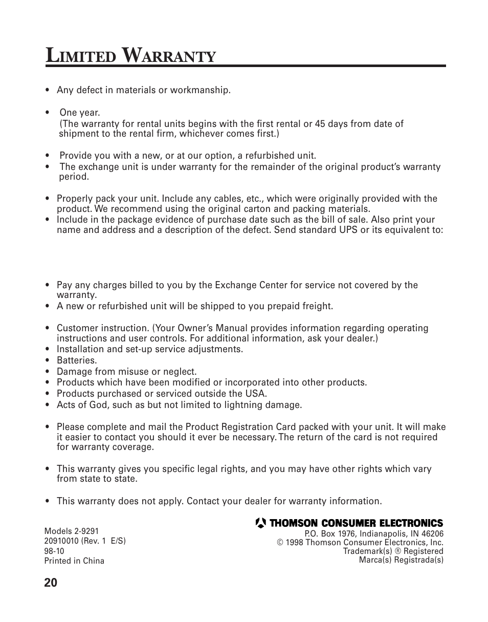 Imited, Arranty | RCA 2-9291 User Manual | Page 20 / 20