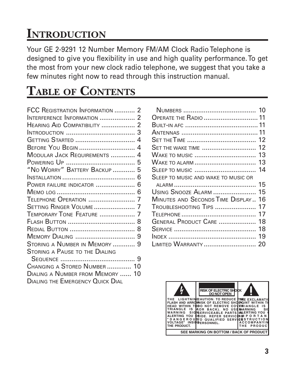 Ntroduction, Able, Ontents | RCA 2-9291 User Manual | Page 3 / 20