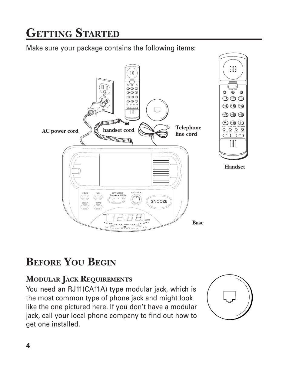 Etting, Tarted, Efore | Egin, Odular, Equirements, Base handset, Telephone line cord, Handset cord ac power cord | RCA 2-9291 User Manual | Page 4 / 20