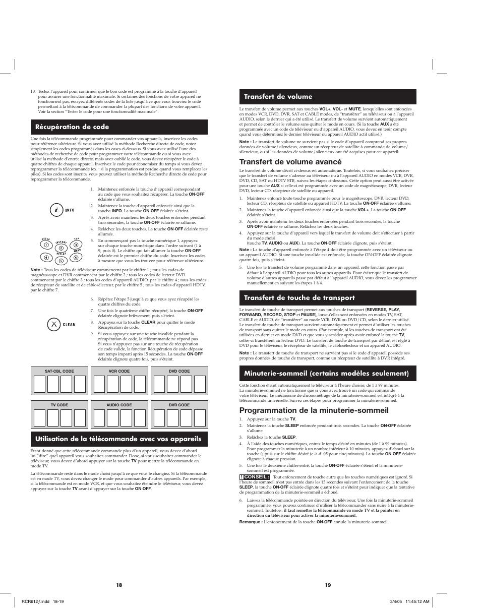 Transfert de volume avancé, Programmation de la minuterie-sommeil, Transfert de volume | Transfert de touche de transport, Minuterie-sommeil (certains modèles seulement), Récupération de code, Utilisation de la télécommande avec vos appareils | RCA RCR612 User Manual | Page 10 / 17