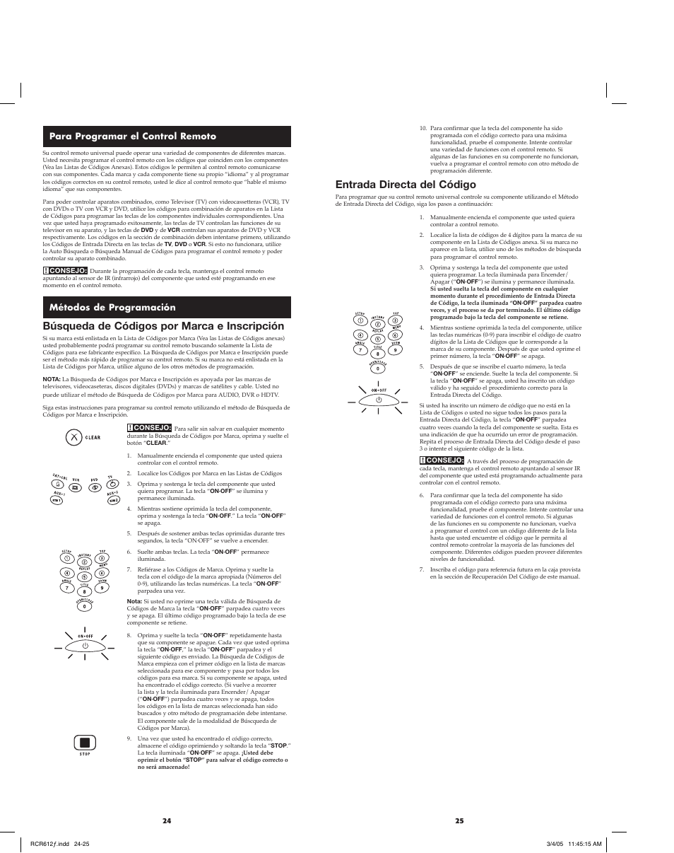 Entrada directa del código, Búsqueda de códigos por marca e inscripción, Para programar el control remoto | Métodos de programación | RCA RCR612 User Manual | Page 13 / 17