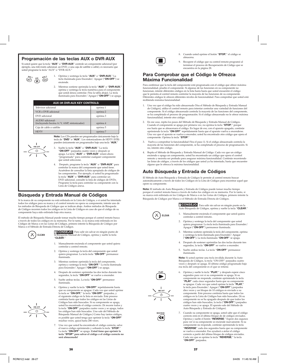 Búsqueda y entrada manual de códigos, Auto búsqueda y entrada de códigos, Programación de las teclas aux o dvr·aux | RCA RCR612 User Manual | Page 14 / 17