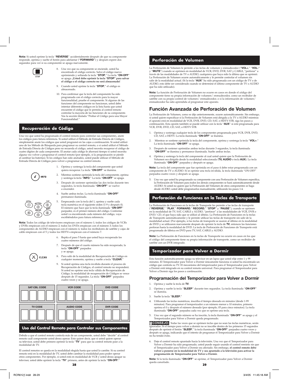 Función avanzada de perforación de volumen, Programación del temporizador para volver a dormir, Recuperación de código | Perforación de volumen, Temporizador para volver a dormir | RCA RCR612 User Manual | Page 15 / 17