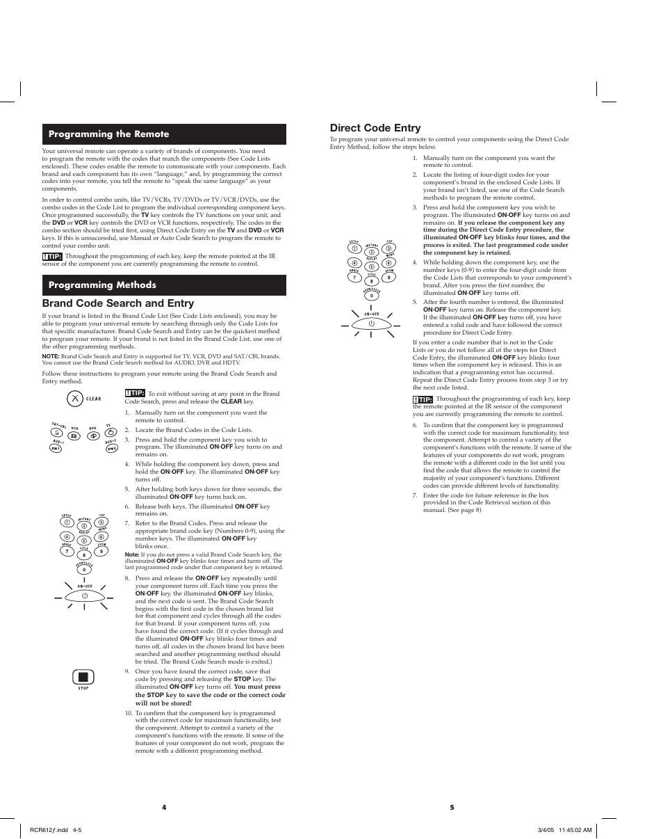 Brand code search and entry, Direct code entry | RCA RCR612 User Manual | Page 3 / 17