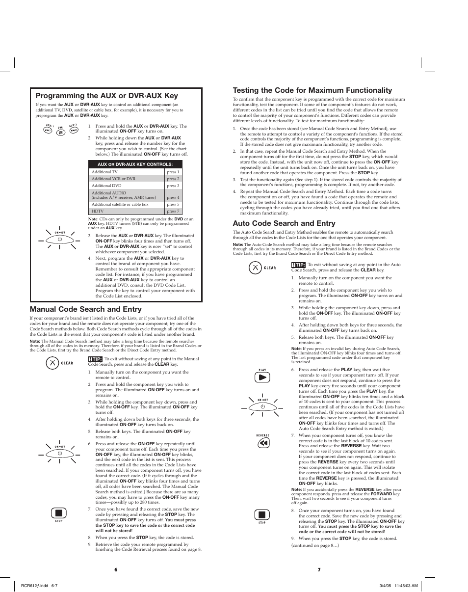 Manual code search and entry, Programming the aux or dvr·aux key, Auto code search and entry | Testing the code for maximum functionality | RCA RCR612 User Manual | Page 4 / 17