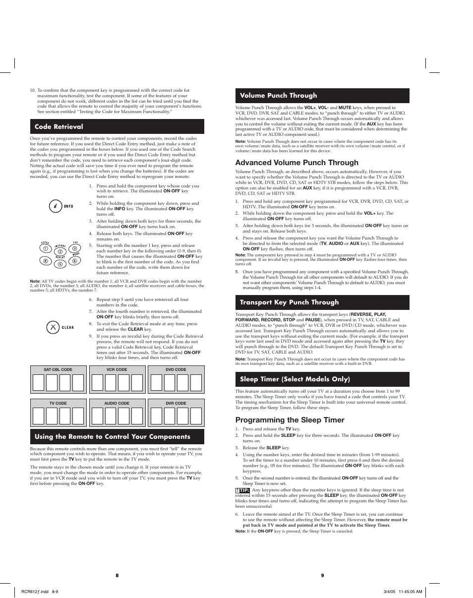 Programming the sleep timer, Advanced volume punch through | RCA RCR612 User Manual | Page 5 / 17