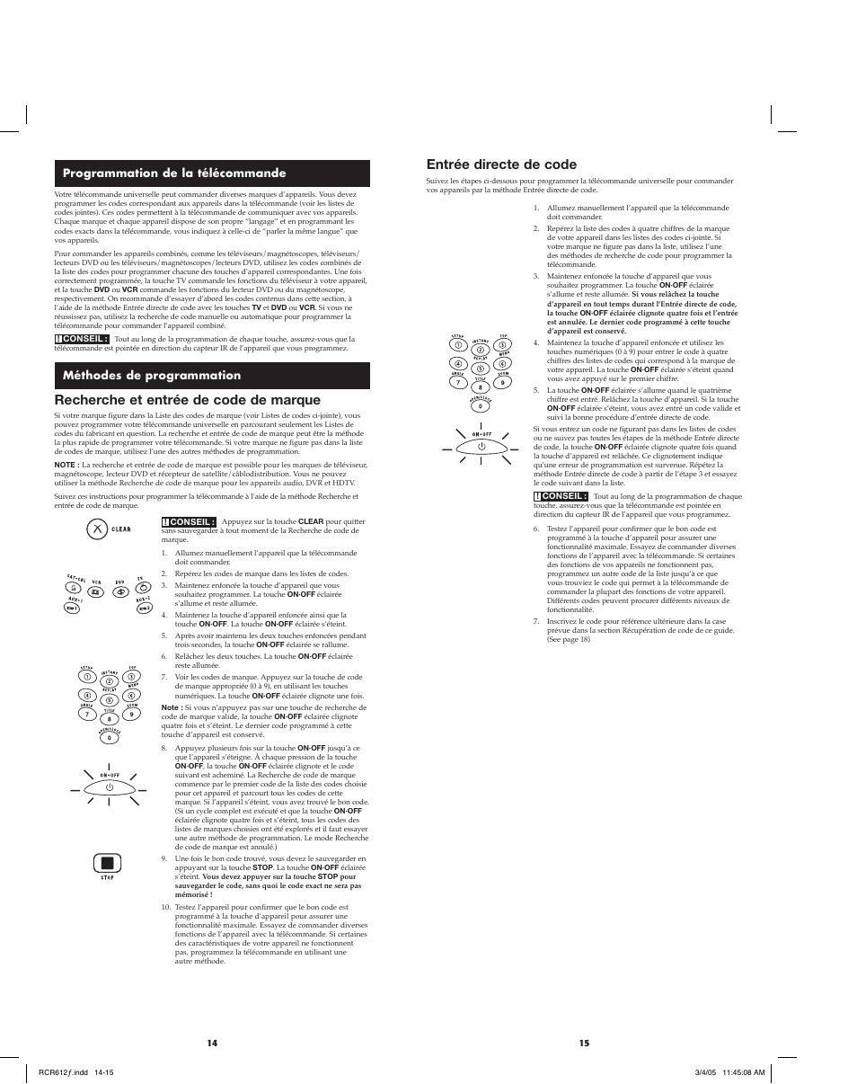 Entrée directe de code, Recherche et entrée de code de marque, Programmation de la télécommande | Méthodes de programmation | RCA RCR612 User Manual | Page 8 / 17