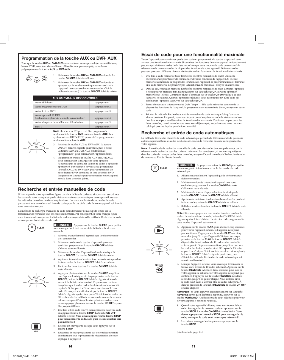 Recherche et entrée manuelles de code, Essai de code pour une fonctionnalité maximale, Recherche et entrée de code automatiques | Programmation de la touche aux ou dvr· aux | RCA RCR612 User Manual | Page 9 / 17