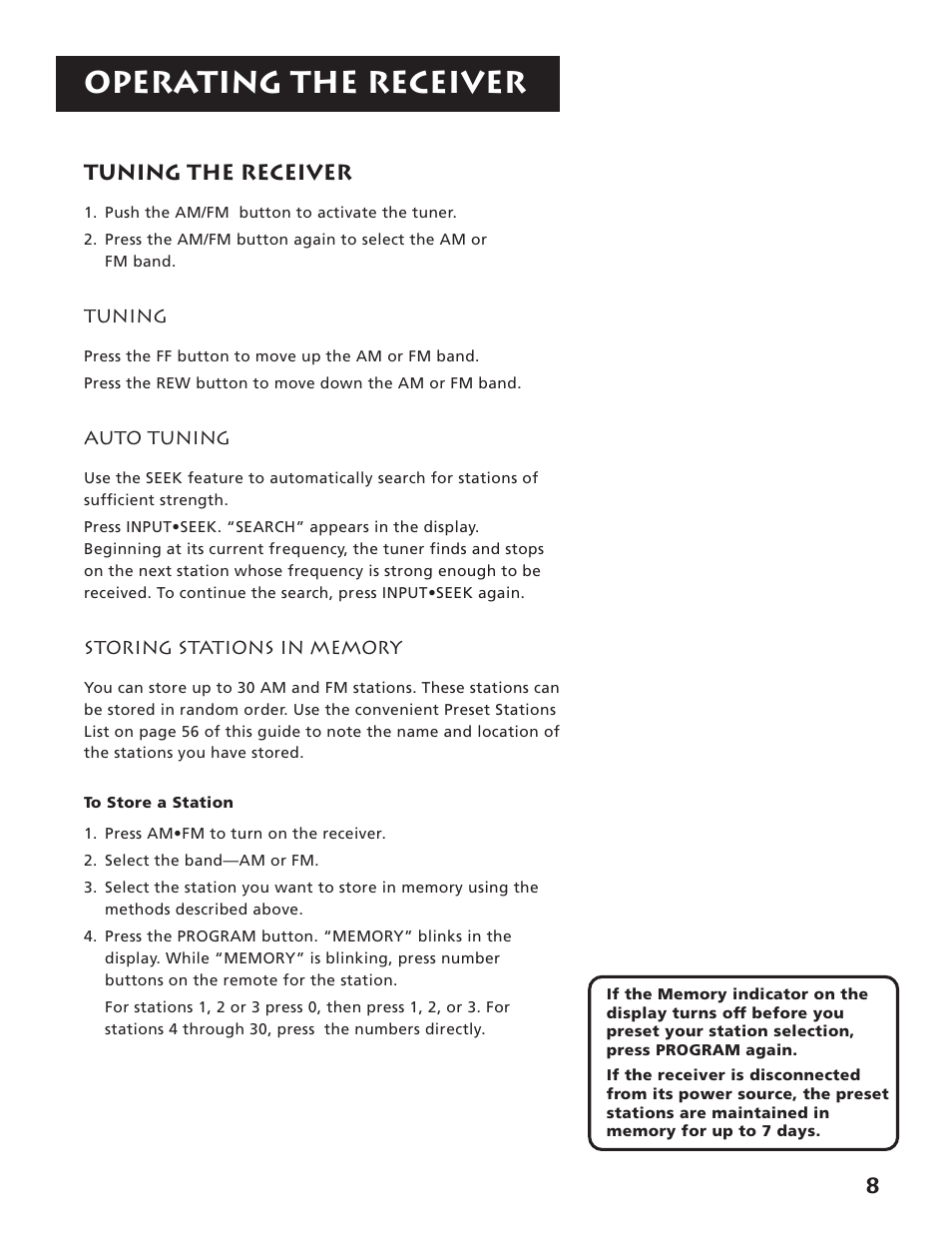 Tuning the receiver, Tuning, Auto tuning | Storing stations in memory, Operating the receiver | RCA RV3693 User Manual | Page 10 / 62