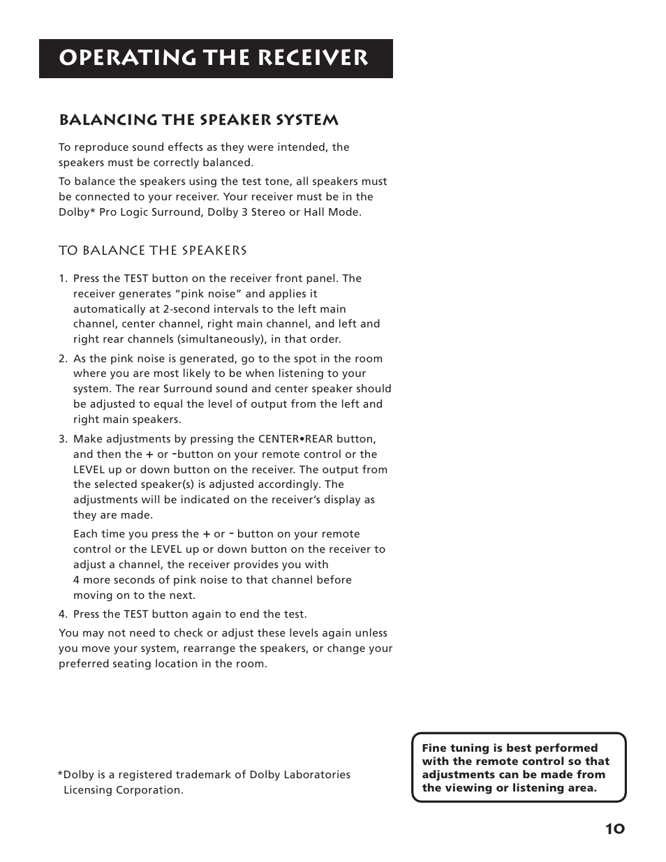 Balancing the speaker system, Operating the receiver, 10 balancing the speaker system | RCA RV3693 User Manual | Page 12 / 62