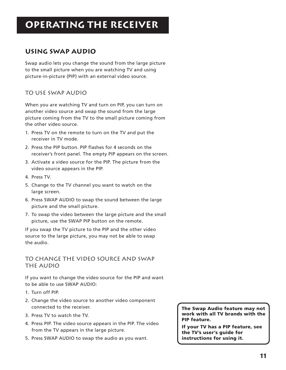 Using swap audio, Operating the receiver, 11 using swap audio | RCA RV3693 User Manual | Page 13 / 62