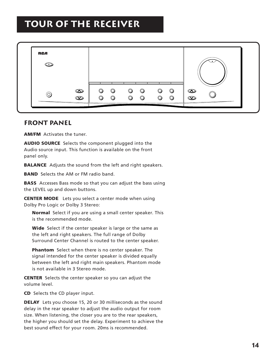 Front panel, Tour of the receiver | RCA RV3693 User Manual | Page 16 / 62