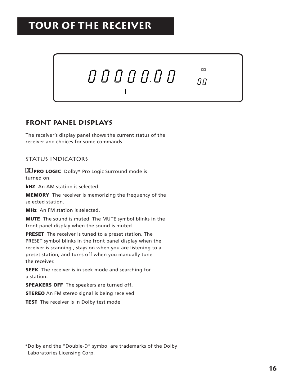 Front panel displays, Tour of the receiver, Status indicators | RCA RV3693 User Manual | Page 18 / 62