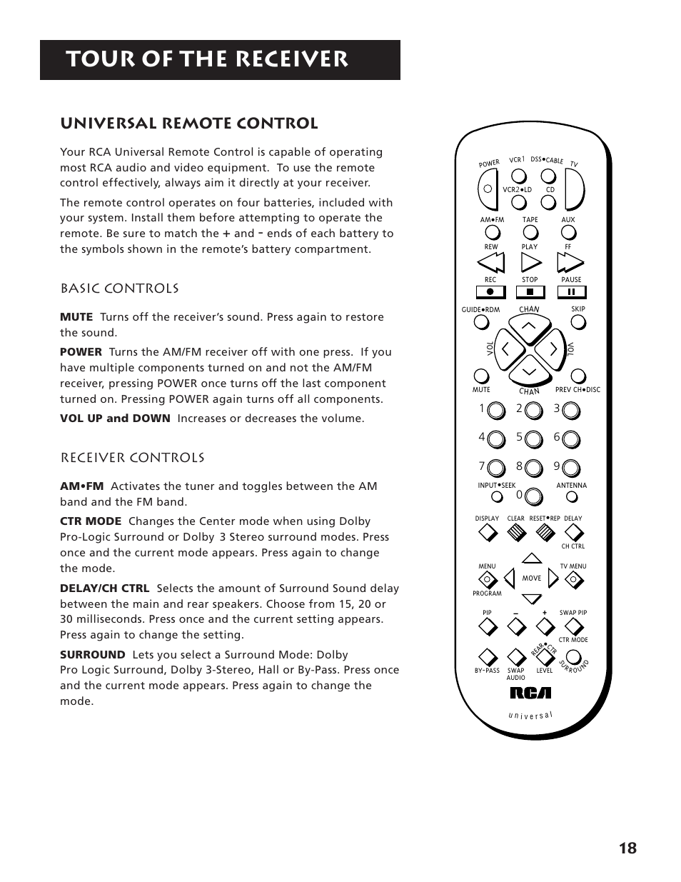 Universal remote control, Tour of the receiver, 18 universal remote control | Basic controls, Receiver controls | RCA RV3693 User Manual | Page 20 / 62