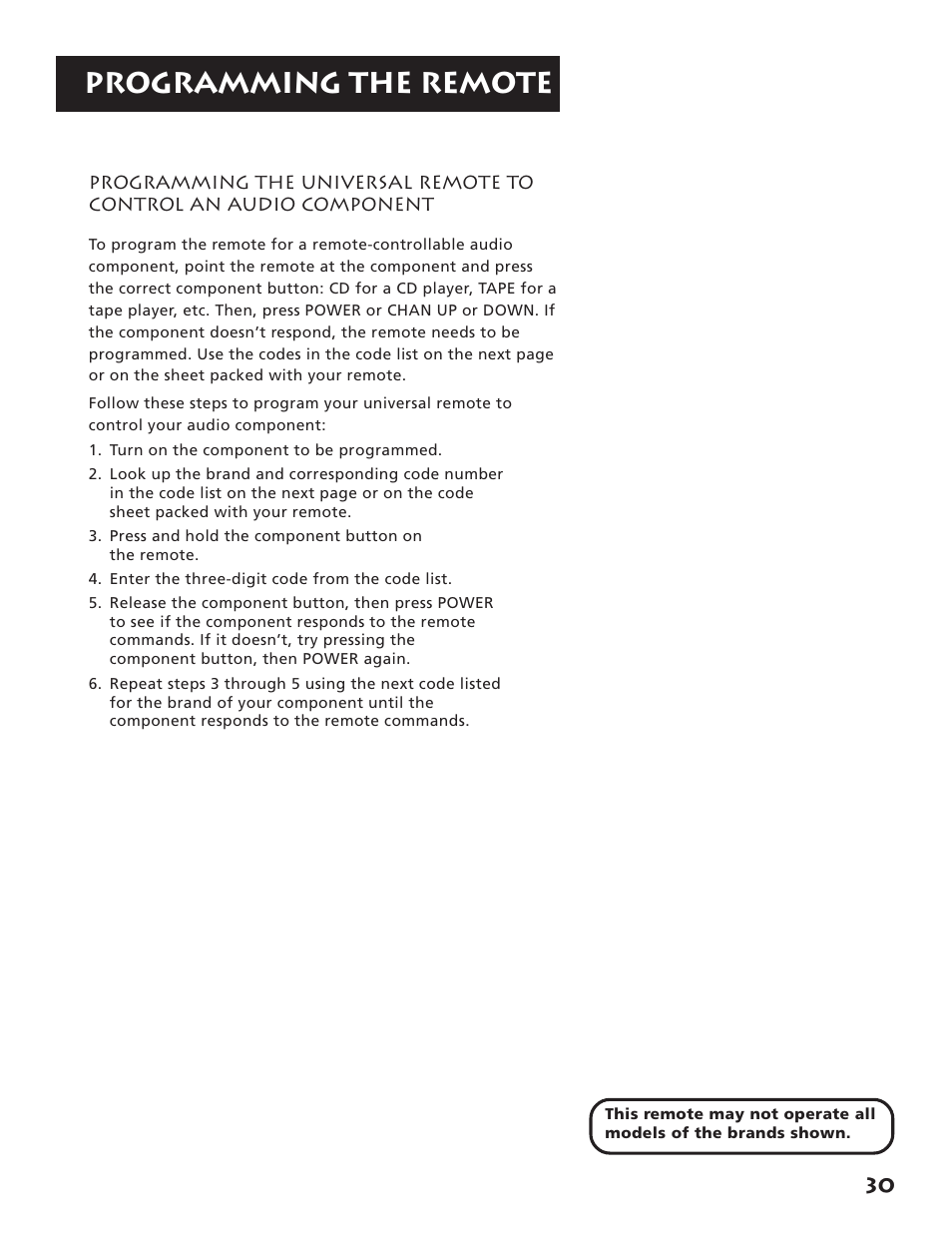 Component, Programming the remote | RCA RV3693 User Manual | Page 32 / 62