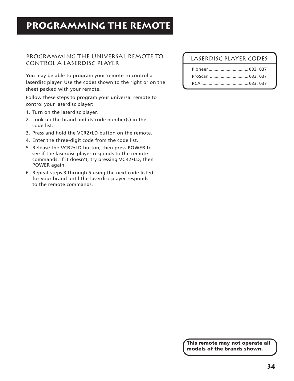 Programming the universal remote to control a, Laserdisc player, Programming the remote | RCA RV3693 User Manual | Page 36 / 62