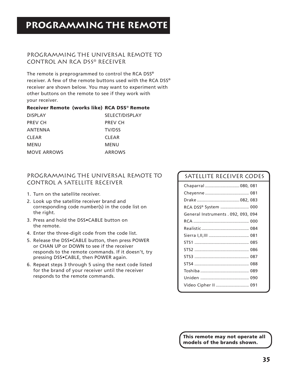 Programming the universal remote to control an, Rca dss, Receiver | Programming the remote | RCA RV3693 User Manual | Page 37 / 62
