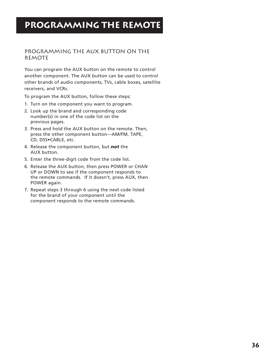 Programming the aux button on the remote, Programming the remote | RCA RV3693 User Manual | Page 38 / 62