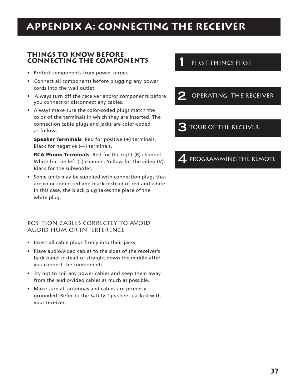 Appendix a: connecting your receiver, Things to know before connecting the components, Appendix a: connecting the receiver | RCA RV3693 User Manual | Page 39 / 62