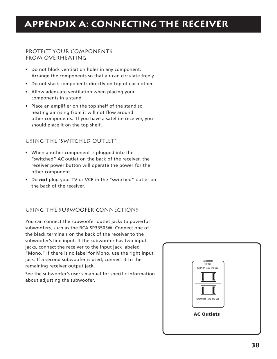 Using the subwoofer connections, Appendix a: connecting the receiver | RCA RV3693 User Manual | Page 40 / 62