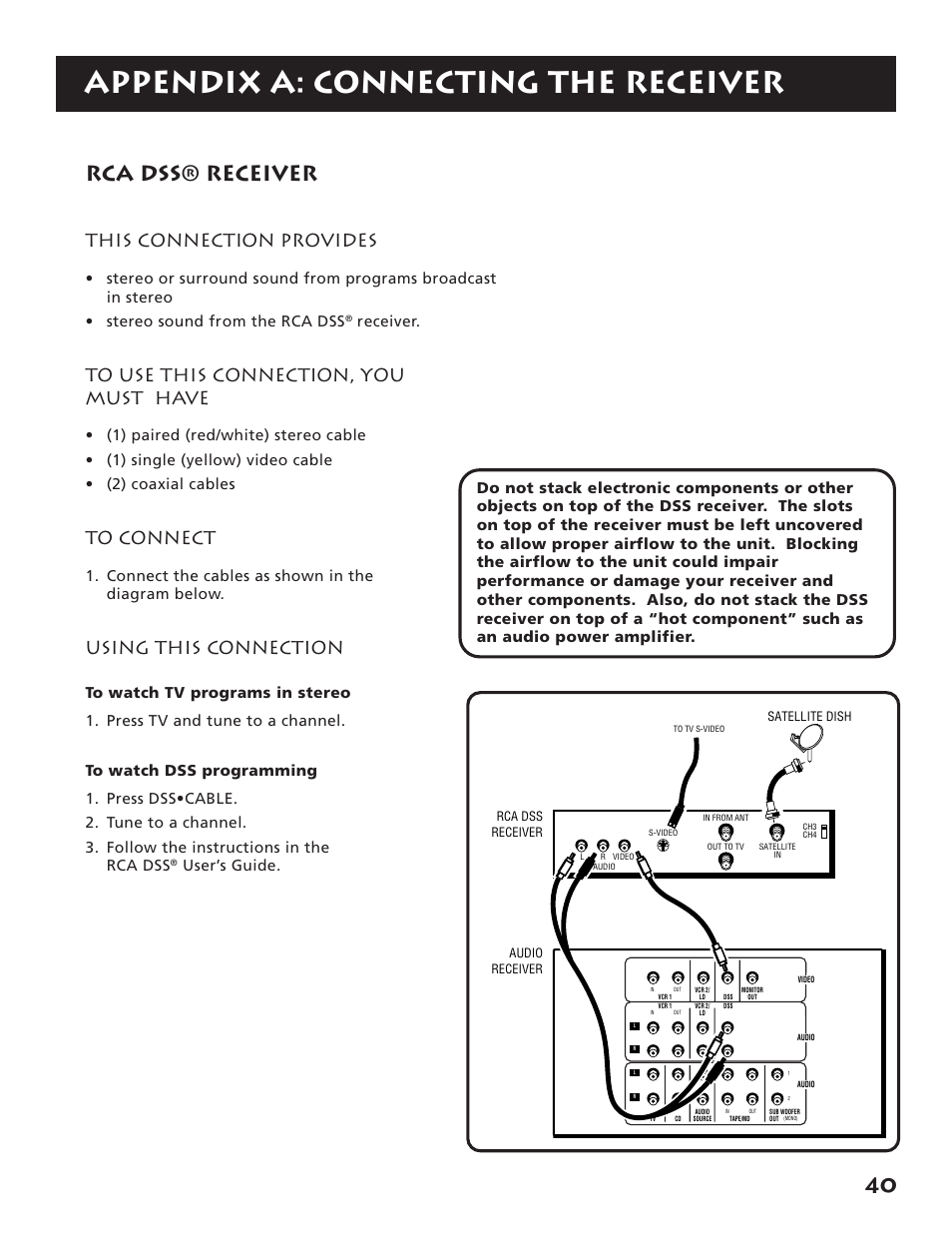 Connecting an rca dss® receiver, Connecting an rca dss, Receiver | Appendix a: connecting the receiver, Rca dss® receiver, This connection provides, Using this connection, Connect the cables as shown in the diagram below | RCA RV3693 User Manual | Page 42 / 62