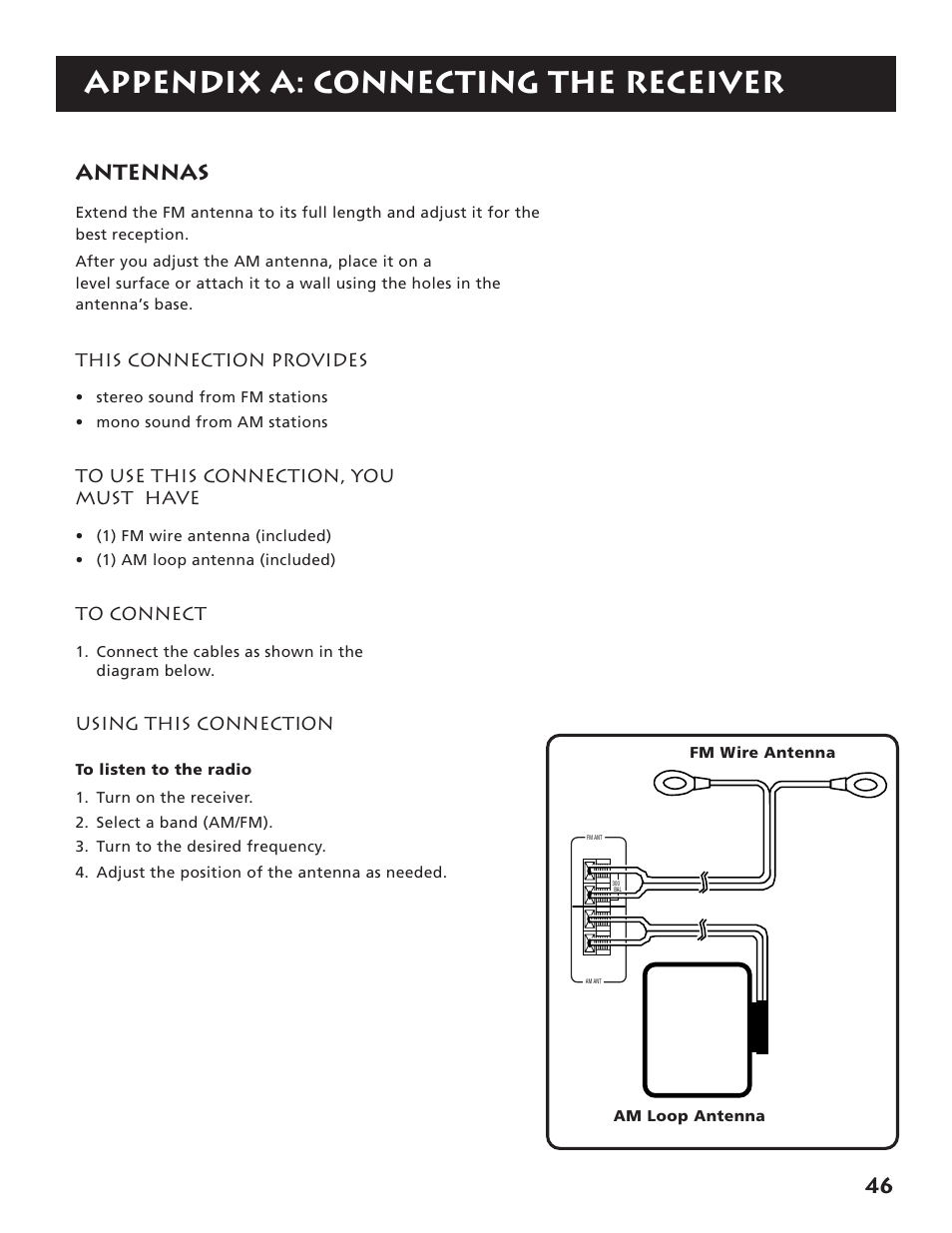 Connecting antennas, Appendix a: connecting the receiver, Antennas | RCA RV3693 User Manual | Page 48 / 62