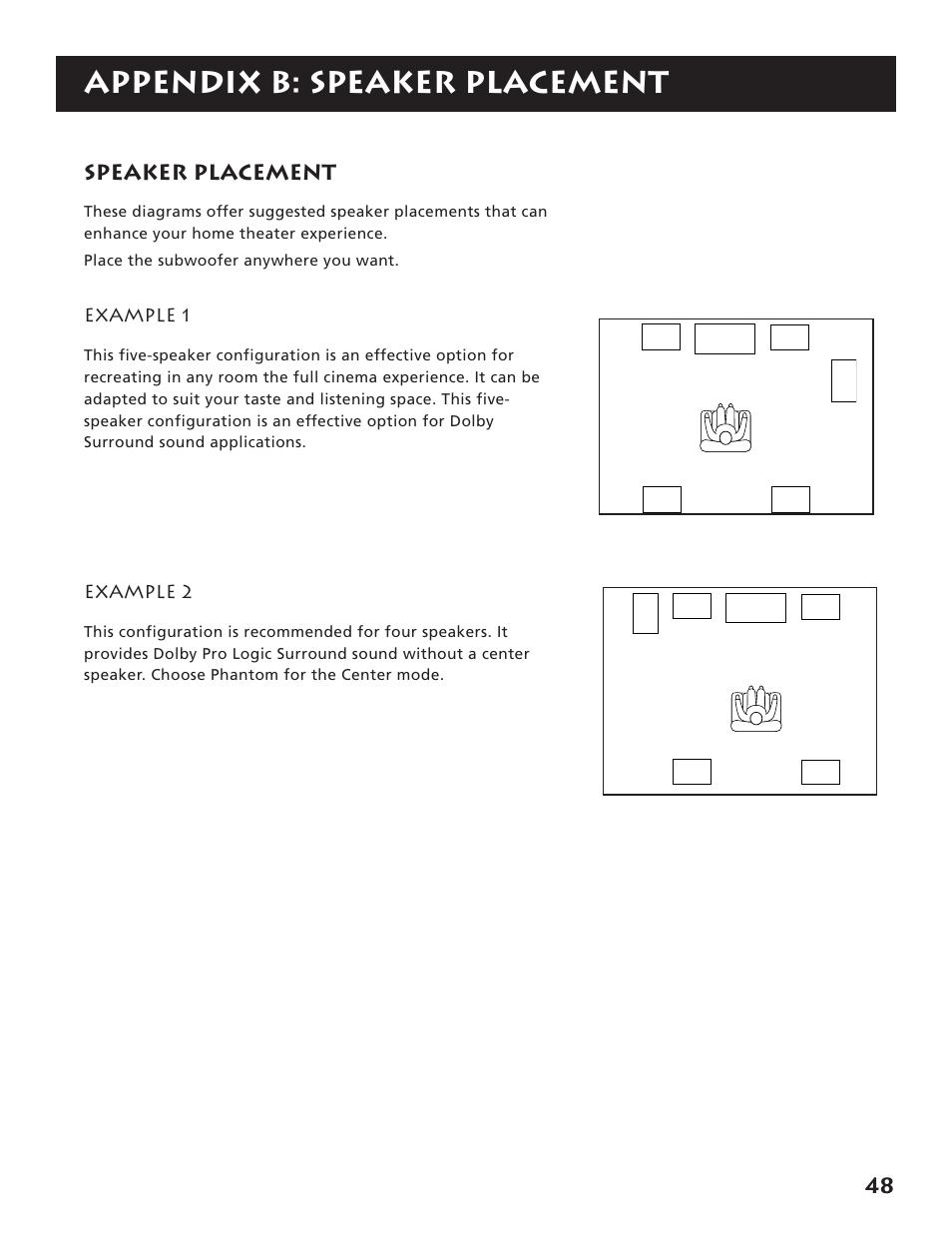 Appendix b: speaker placement, Speaker placement, Example 1 | Example 2 | RCA RV3693 User Manual | Page 50 / 62