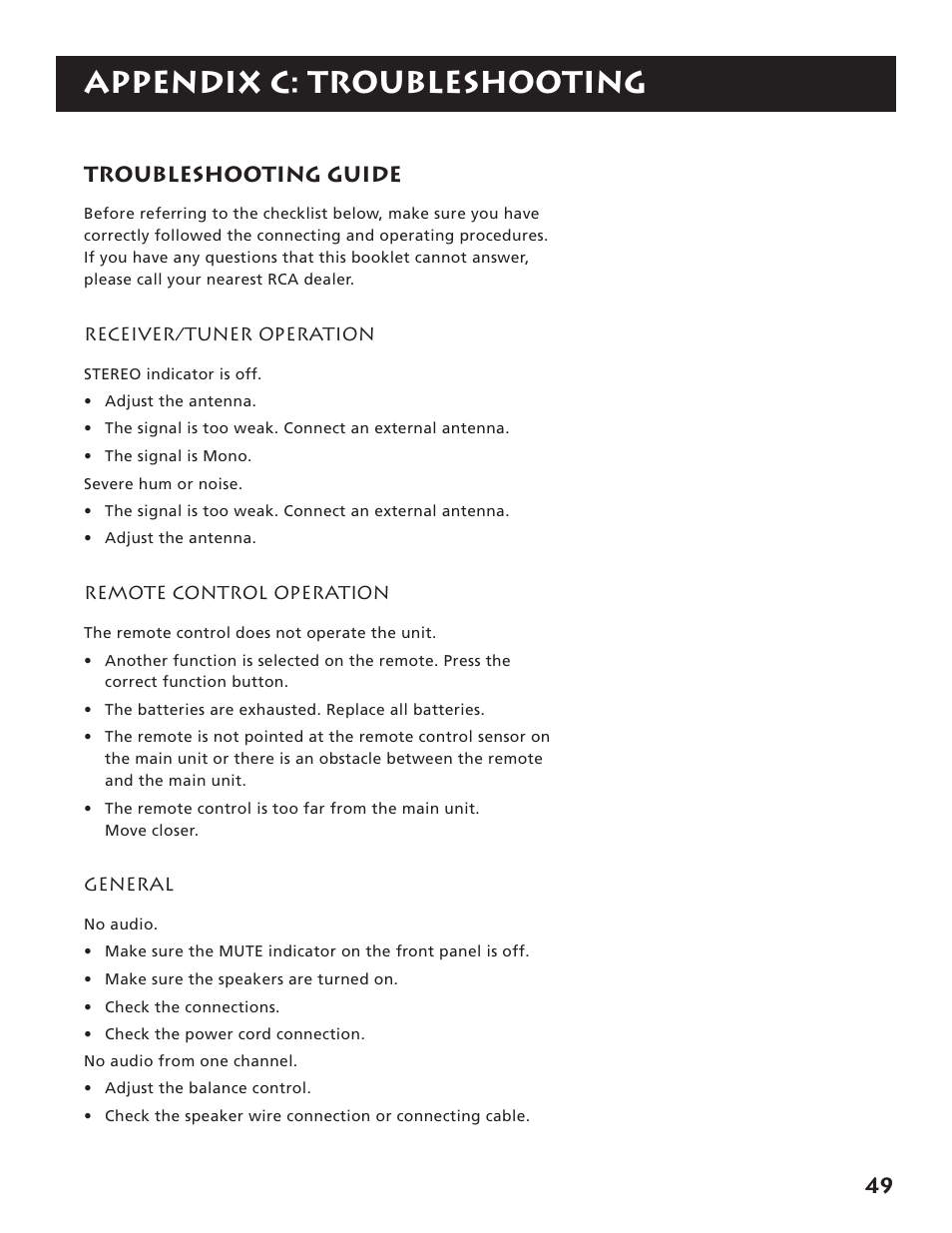Appendix c: troubleshooting guide, Appendix c: troubleshooting, 49 troubleshooting guide | RCA RV3693 User Manual | Page 51 / 62