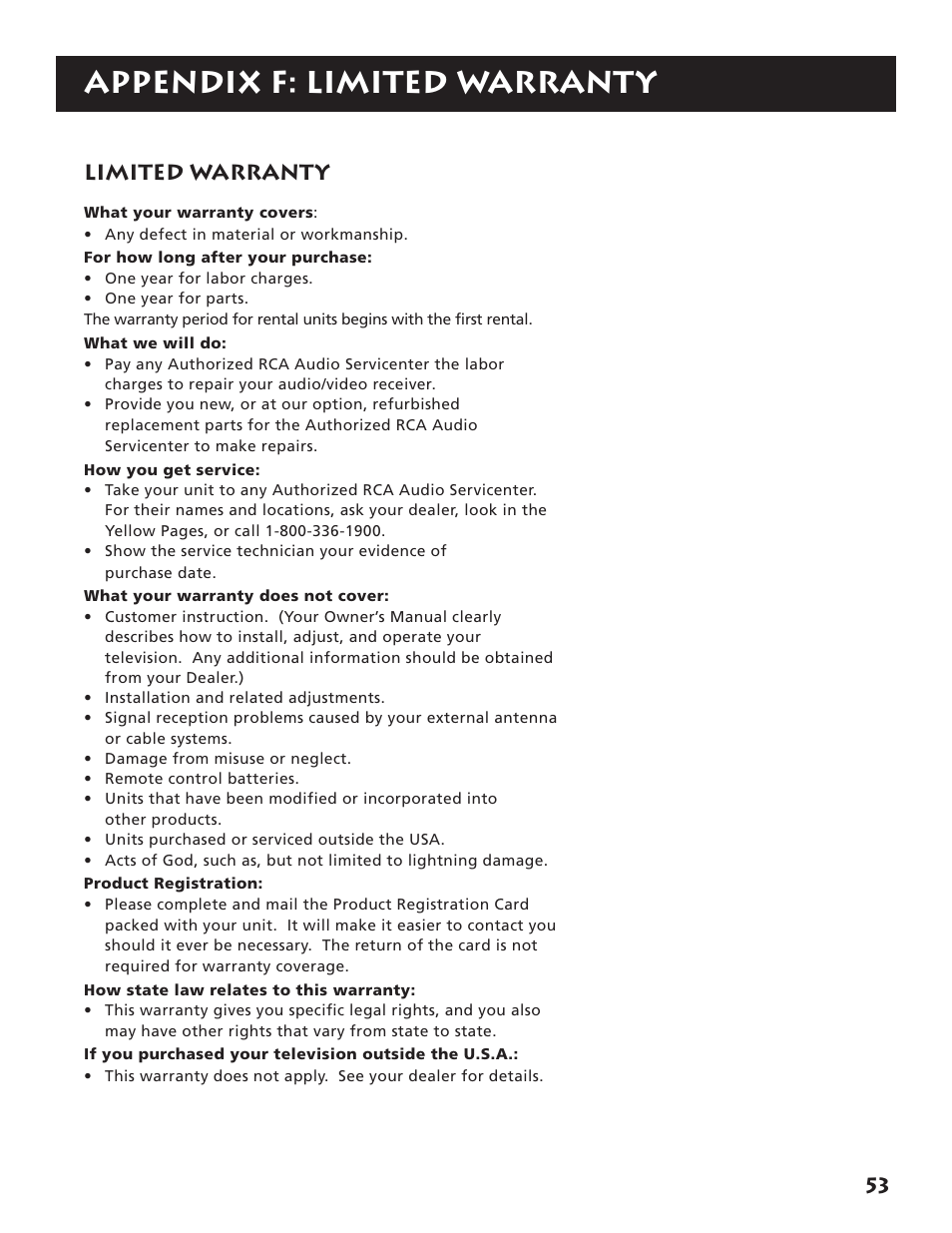 Appendix f: limited warranty, Limited warranty | RCA RV3693 User Manual | Page 55 / 62